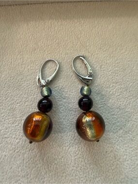 Glass Bead Drop Earrings in Amber and Gold